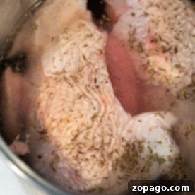 Juicy Turkey Brine 7 Raw turkey pieces in a pot with water and herbs, creating a simple turkey brine-inspired base, ready for cooking.