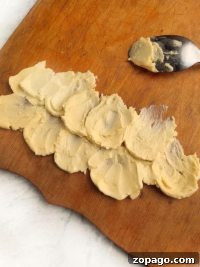 Creating a Delicious Christmas Butter Board 4 Mashed butter spread on a wooden cutting board alongside a festive spoon create the perfect base for your Christmas butter board.