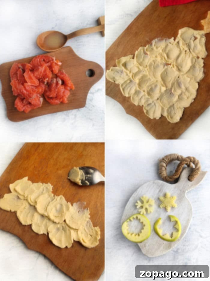A collection of four close-up images showing different sections of a festive Christmas butter board, highlighting various toppings like vegetables, herbs, and a savory sauce with a wooden spoon.