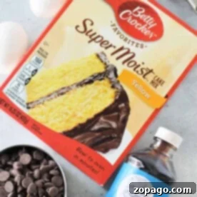 Golden Chocolate Chip Cake Mix Cookies 7 Betty Crocker yellow cake mix cookies crafted with eggs, chocolate chips, vanilla, and oil rest on a white surface.