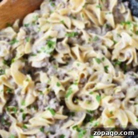 A skillet with creamy Hamburger Helper Beef Stroganoff and egg noodles, garnished with parsley.