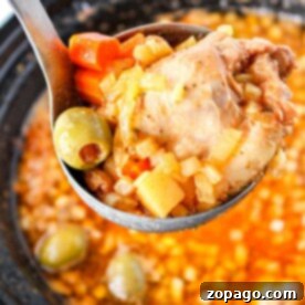 A ladle holding guisado de pollo with chicken, carrots, olives, and potatoes hovers above a simmering pot.