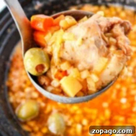 A ladle holding guisado de pollo with chicken, carrots, olives, and potatoes hovers above a simmering pot.