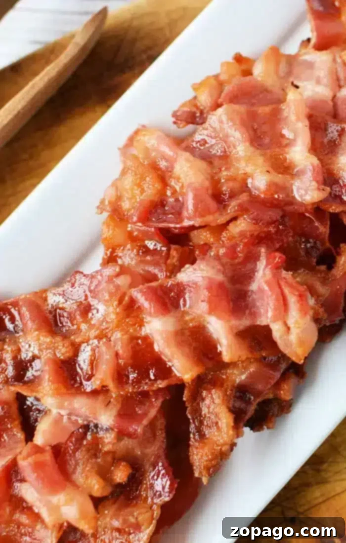 Perfect Oven Bacon on Foil 2 A plate of cooked, crispy bacon strips is arranged on a white rectangular platter. The bacon looks glossy and browned, ready to be served.