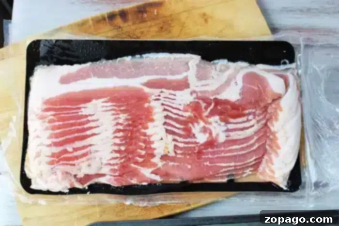 A sealed package of uncooked bacon strips is placed on a wooden cutting board.