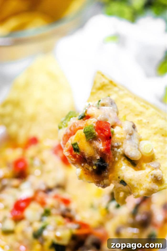 Meaty Smoked Queso Dip 7 The finished smoked queso dip, showcasing its creamy texture and rich color, ready to be served with dippers.