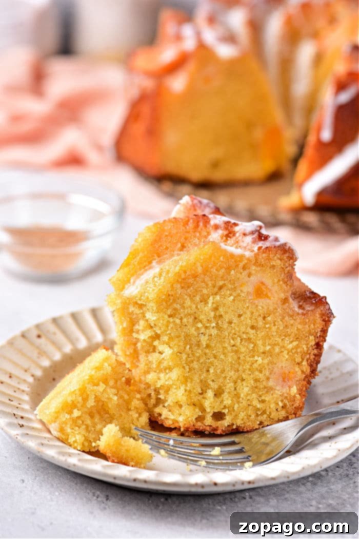 Homestyle Peach Cobbler Pound Cake 7 Close-up of a homemade pound cake slice