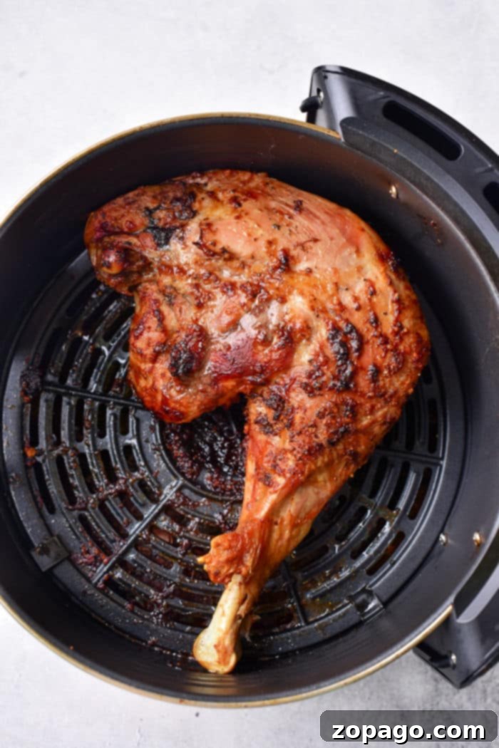 Succulent Turkey Leg Quarters 5 A cooked turkey leg, expertly prepared using tips from