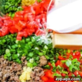 Ingredients for a delicious queso dip with meat include chopped onions, tomatoes, bell peppers, green onions, ground beef, and milk being poured.