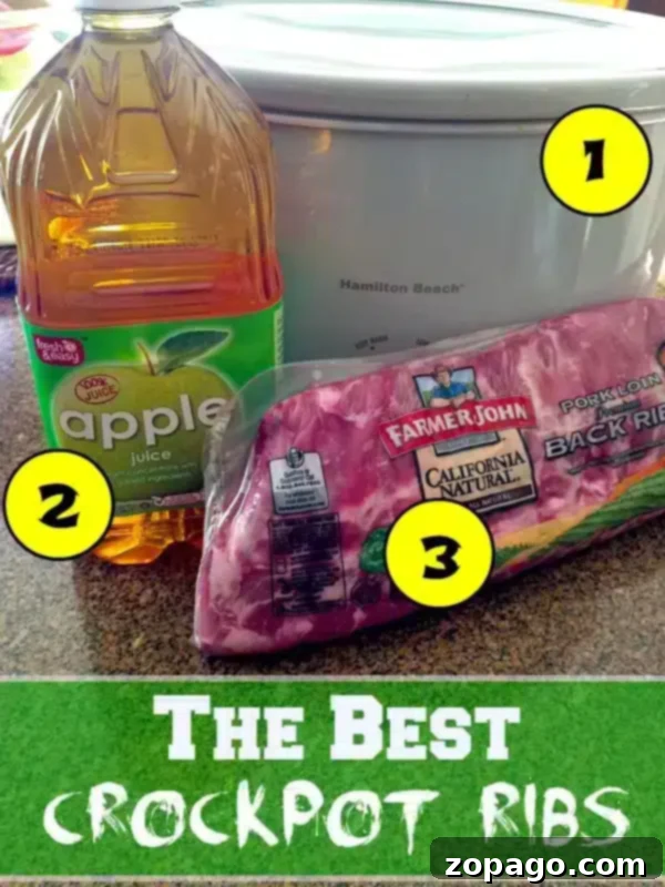 Best crockpot ribs recipe I've ever had!! Fall off the bone juicy ribs every time! If you've never made beef or pork ribs in your slow cooker they taste amazing with no effort on your part. A little time in the oven with this simple rub makes them one of our favorite dinners ever. #crockpot #slowcooker #ribs #recipe #rub #best #pork #beef Best Slow Cooker Ribs: A rack of tender pork ribs coated in barbecue sauce, ready to be served, highlighting their fall-off-the-bone quality.