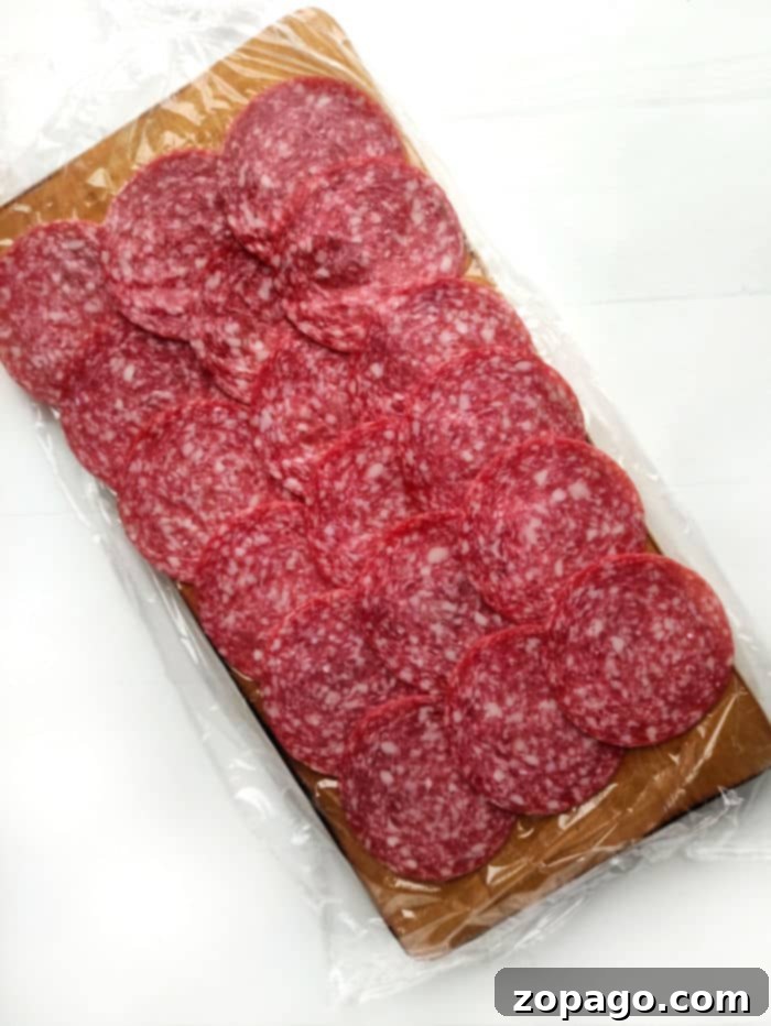 Salami-Wrapped Pickles 3 Pickle Salami Roll Ups - Close-up of individual salami and pickle roll ups on a cutting board, showing the layers.