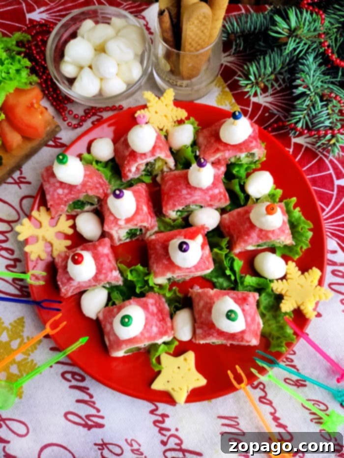 Salami-Wrapped Pickles 8 Salami Roll Ups - A stack of perfectly sliced salami roll ups on a white plate, ready to be enjoyed.