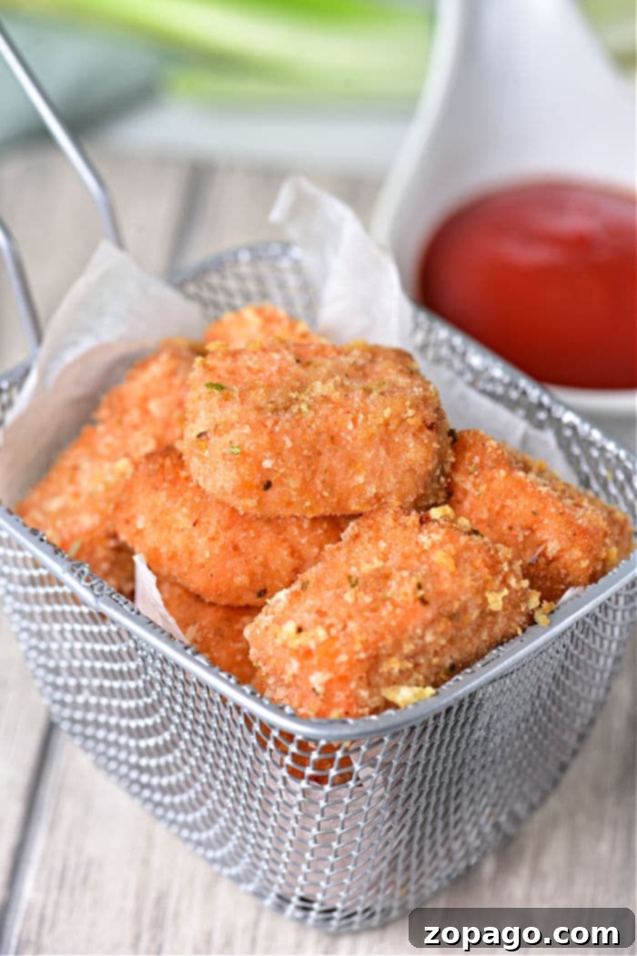 Golden, crispy breaded salmon bites cooked in an air fryer, ready to be served.