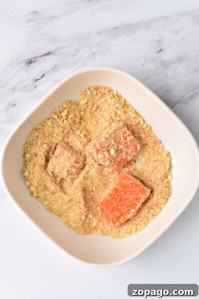 A close-up of a recipe for salmon bites, showing the cooked pieces on a plate.