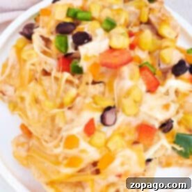 A plate of cheesy ninja foodi Nachos topped with black beans, corn, diced bell peppers, and jalapeños.