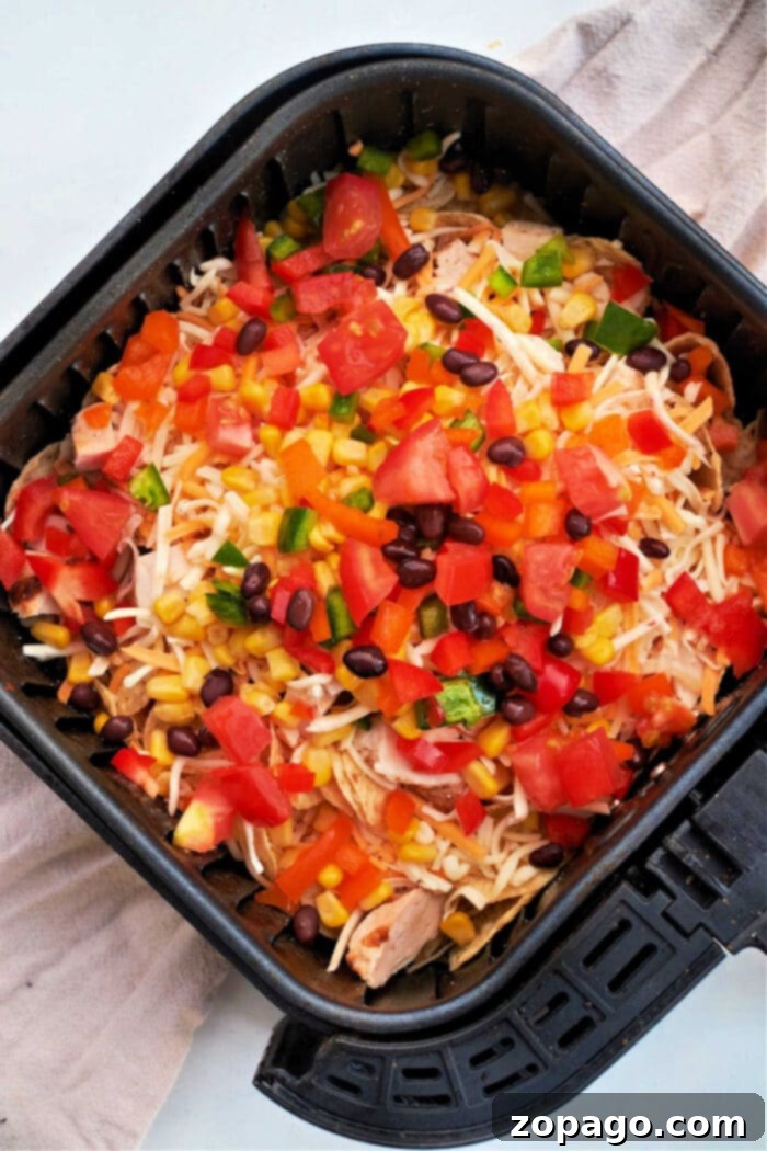 Easy Ninja Foodi Nachos 7 Ninja Air Fryer Chicken Nachos - A close-up of cheesy chicken nachos, fresh out of the air fryer, with a perfect melty top layer.