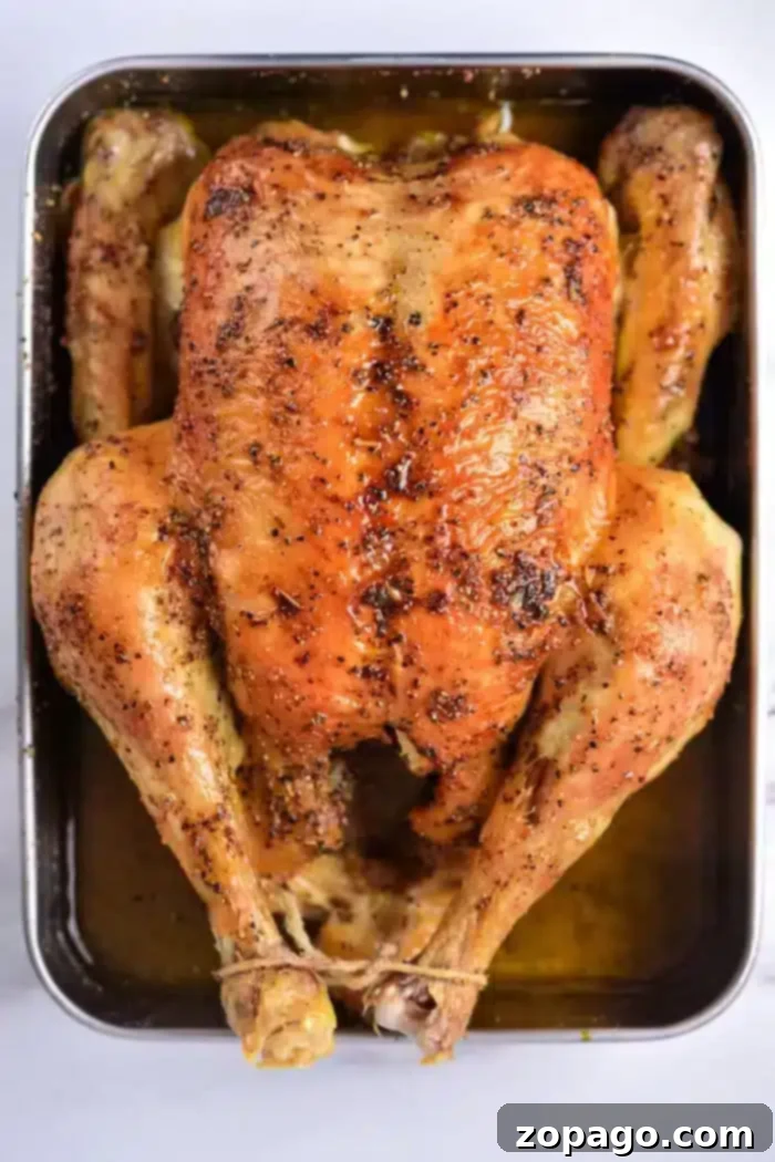 Perfect Roast Chicken at 350 Degrees 2 A perfectly roasted whole chicken in a baking tray, garnished with fresh herbs and spices. Its golden-brown, crispy skin shimmers, and the legs are tied for even cooking. The chicken rests in a pool of savory pan juices, signifying a successful bake. Learn how long to bake a whole chicken at 350 for tender meat and golden skin.