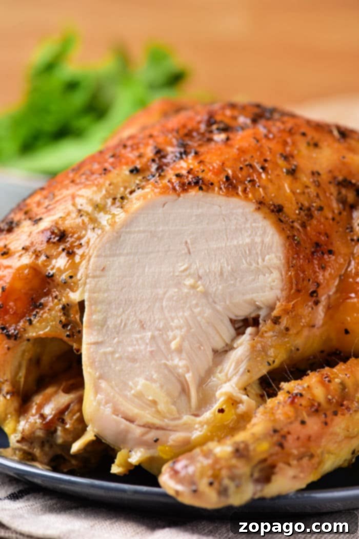 Perfect Roast Chicken at 350 Degrees 6 A digital meat thermometer inserted into the thickest part of a roasted whole chicken, displaying the internal temperature. This highlights the importance of checking doneness to ensure safety and perfect cooking. The chicken is golden and ready for the next step of resting.