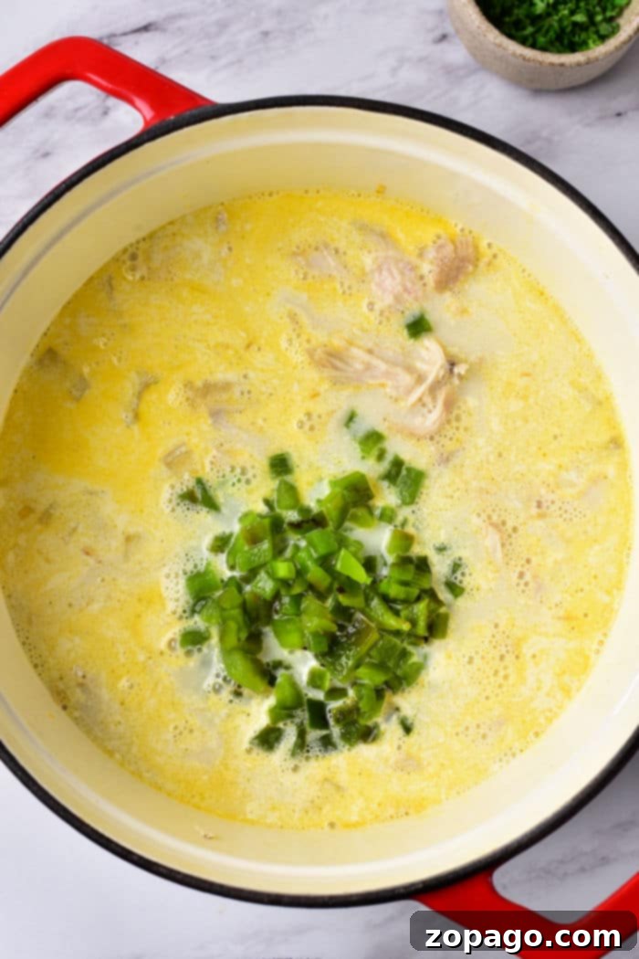 Velvety Poblano Chicken Soup 4 Two bowls of creamy chicken poblano soup, perfectly garnished and ready to be enjoyed.