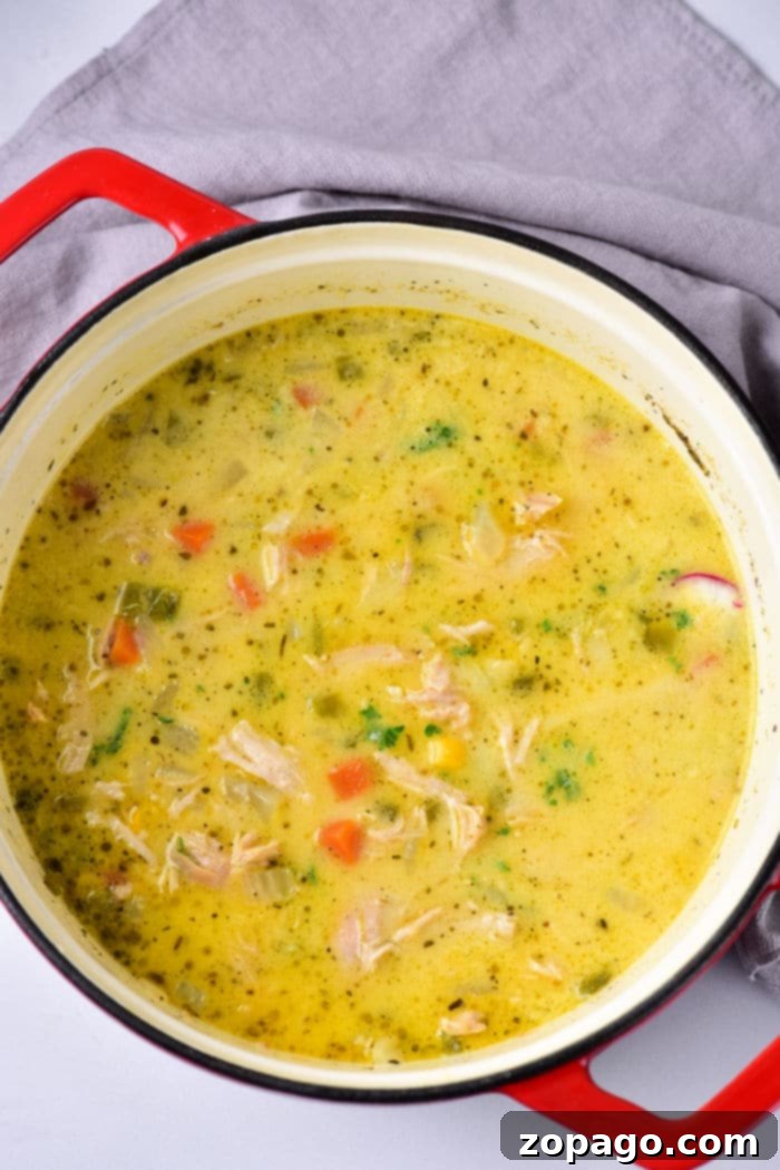Velvety Poblano Chicken Soup 6 A large Dutch oven filled with simmering creamy chicken poblano soup, ready to be served.