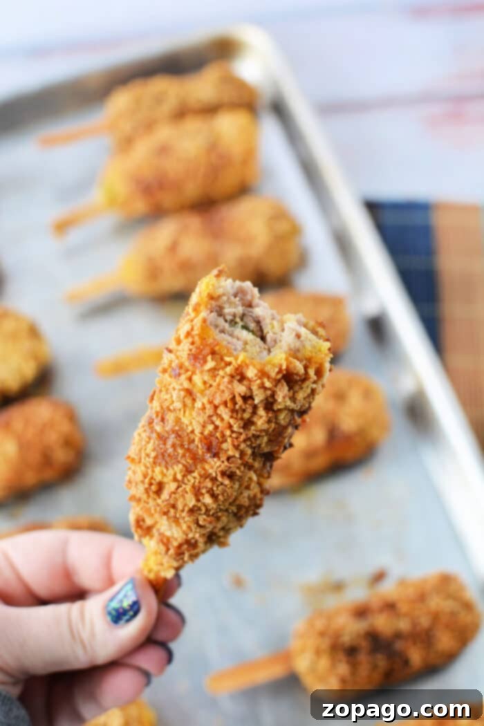 Yalancı Tavuk Butları Nasıl Yapılır 2 A hand holds a mock chicken leg with a bite taken out, revealing sausage inside. Nearby, mock chicken legs rest on a baking sheet, tantalizingly golden and ready to enjoy.