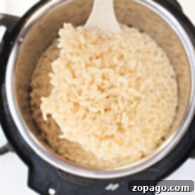 A white spatula lifts perfectly cooked Arborio rice from an electric pressure cooker, demonstrating how to achieve creamy perfection.