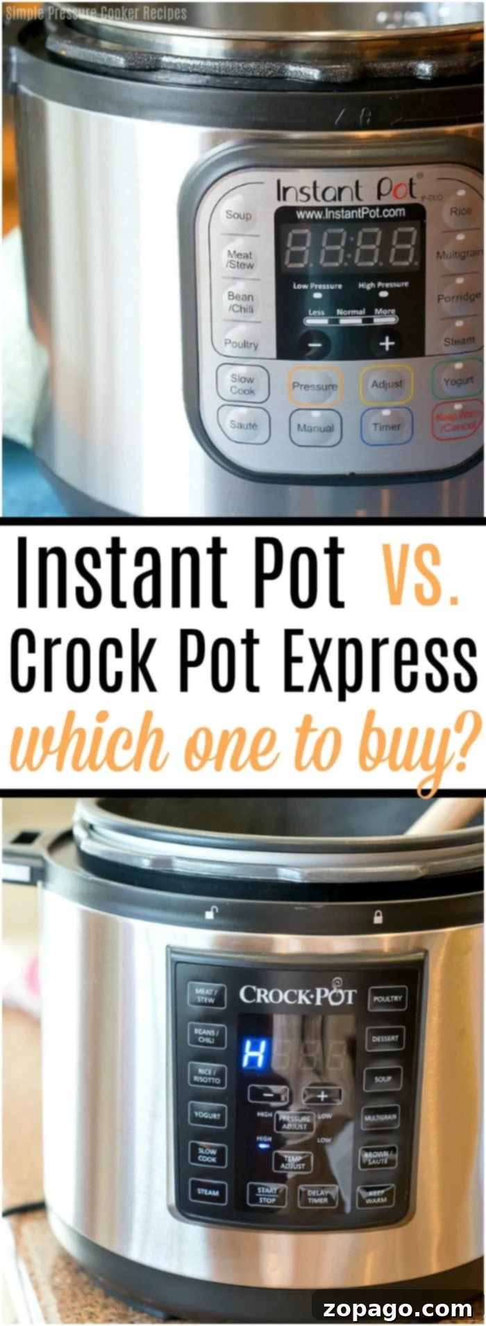 Instant Pot vs Crock Pot Express: A side-by-side review to guide your purchase decision for the perfect kitchen multi-cooker. Instant Pot vs Crock Pot Express - A side-by-side comparison illustrating the key features and differences between two popular electric pressure cookers, helping consumers decide which one to buy.