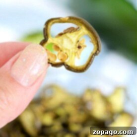 Close-up of a hand holding a slice of dried jalapeño, showcasing its intricate texture, with more slices softly blurred in the background.