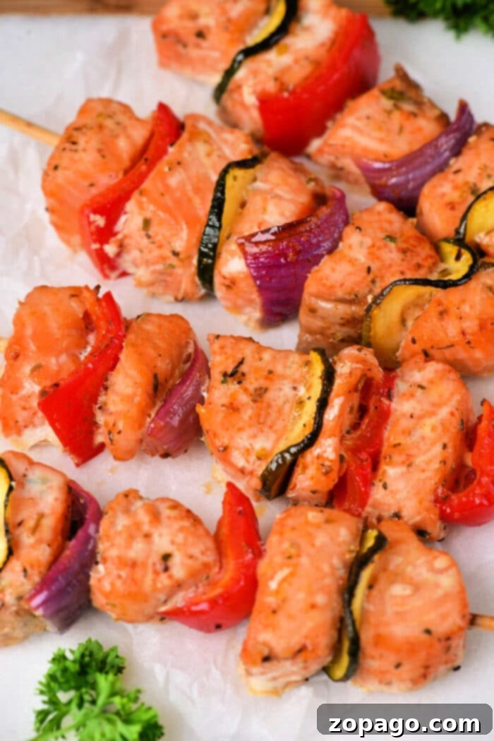 Zesty Salmon Skewers 2 Salmon Kabobs with colorful vegetables