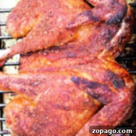 Perfectly Smoked Spatchcock Chicken 7 Grilled smoked spatchcock chicken with crispy, seasoned skin on a cooking rack.