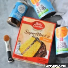 Ingredients for peach cobbler with cake mix: cake mix, canned peaches, vanilla, butter, and a measuring spoon on a gray surface.