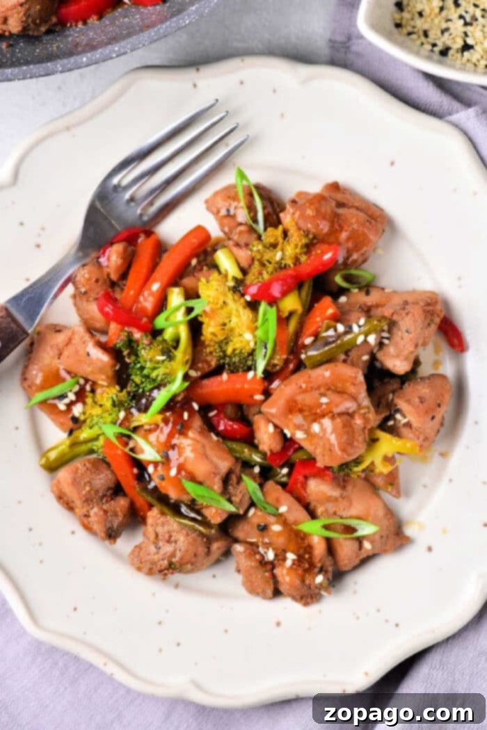 Succulent Chicken Thigh Stir-Fry 2 Delicious Chicken Thigh Stir Fry with vibrant vegetables on a white plate