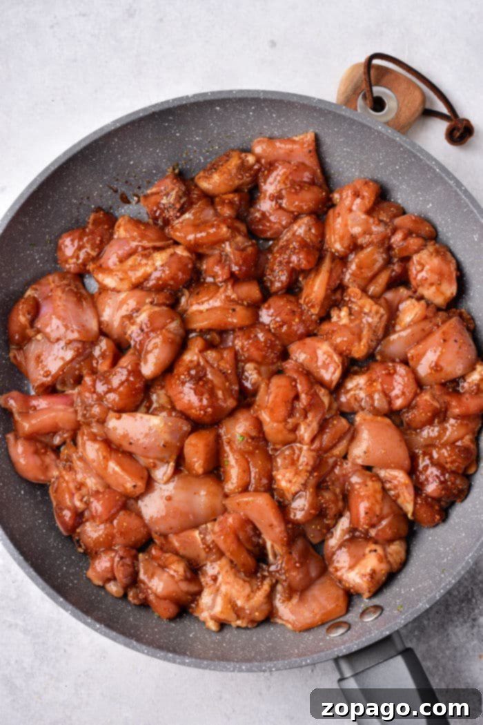 Succulent Chicken Thigh Stir-Fry 5 Chinese-inspired chicken thigh stir fry in a large pan with serving spoon