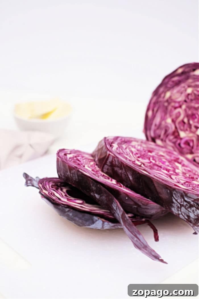 Caramelized Roasted Red Cabbage 3 Recipe for Red Cabbage Steaks, showcasing vibrant colors and simple preparation.