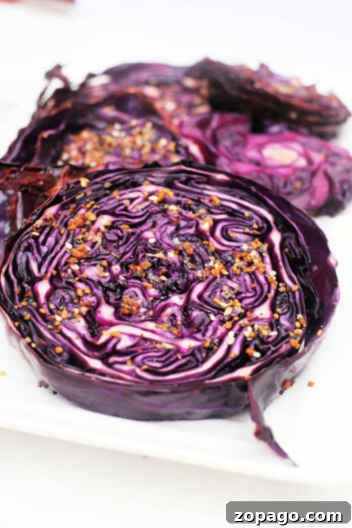 Oven-Kissed Red Cabbage 5 Roasted red cabbage slices, expertly sprinkled with spices, rest invitingly on a pristine white plate. A perfect healthy side dish.