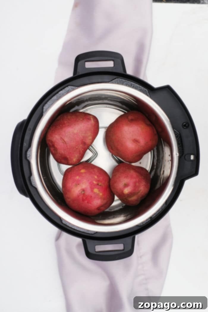 Perfect Instant Pot Whole Red Potatoes 5 Overhead view of four Instant Pot Red Potatoes inside an electric pressure cooker on a white surface.