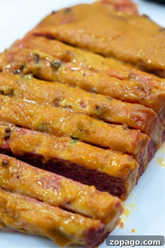 Perfectly Tender Oven Corned Beef 6 A close-up of beautifully sliced corned beef, cooked to a perfect tender pink, topped with a golden-brown, caramelized mustard crust. The slices are expertly arranged on a white cutting surface, highlighting the successful oven cooking method.