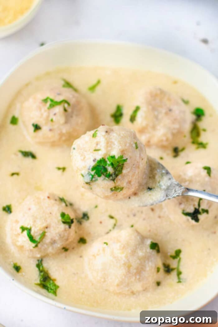 Creamy Alfredo Meatballs 2 A bowl of creamy white sauce with meatballs, garnished with chopped herbs. A spoon lifts one Alfredo meatball, enticing you to savor its rich flavor.
