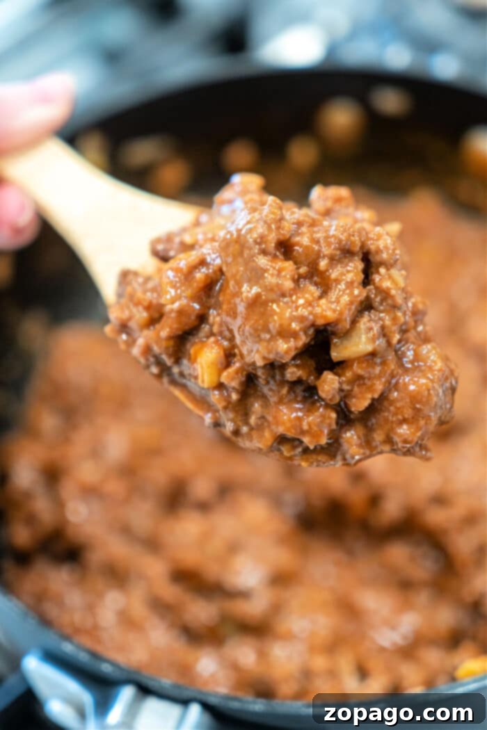 Sloppy Joe Sidekick Dishes 5 A spoon scoops thick, hearty sloppy joes from a pot, perfect for pairing with your favorite sloppy joe sides.