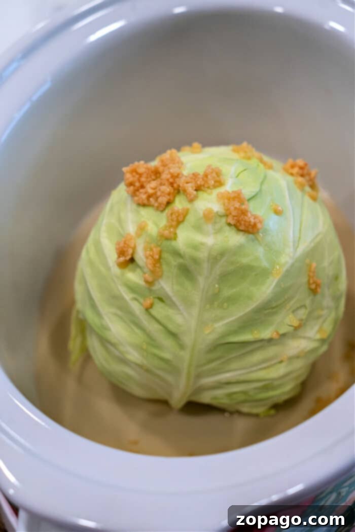 Slow Cooked Whole Cabbage Perfection 4 A whole head of cabbage in a slow cooker, delightfully topped with fragrant minced garlic.