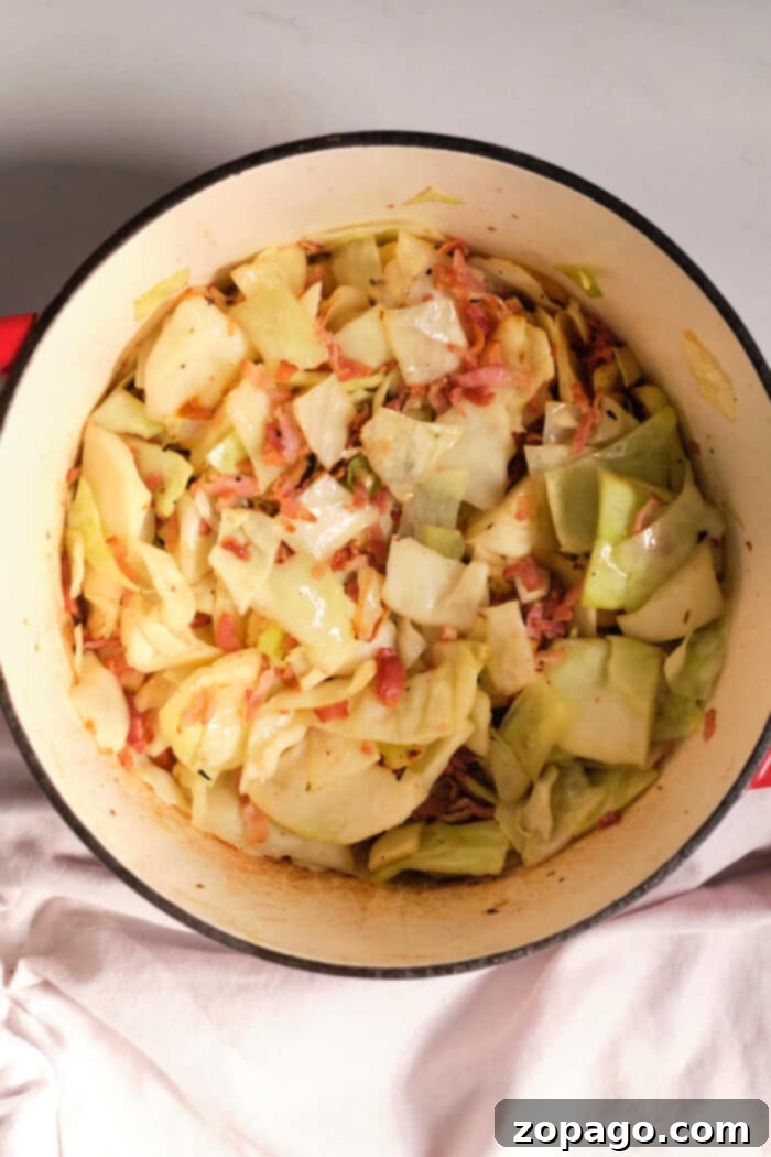 Rustic Cabbage and Bacon 5 Delicious fried cabbage with bacon and onions, served hot in a bowl, ready to be enjoyed as a comforting side.
