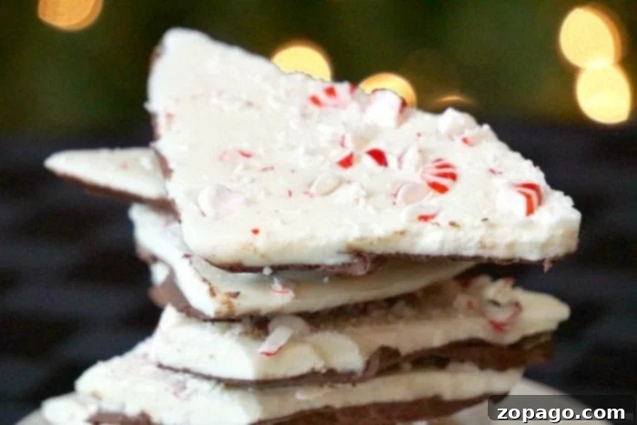 Easy peppermint bark recipe. This no bake peppermint bark is the easiest way to make this Christmas dessert with kids! #peppermintbark #peppermint #dessert #christmas A beautifully broken piece of easy homemade peppermint bark, showing off its layered texture and festive appeal.