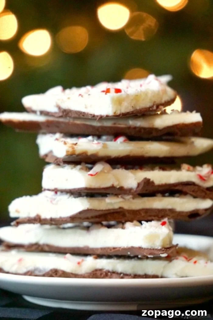 Easy peppermint bark recipe. This no bake peppermint bark is the easiest way to make this Christmas dessert with kids! #peppermintbark #peppermint #dessert #christmas A beautiful array of easy peppermint bark pieces, showcasing the vibrant red and white against a rich chocolate layer, perfect for holiday entertaining.