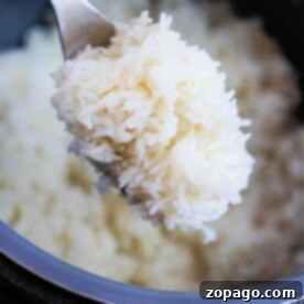 A spoon lifts a serving of perfectly cooked white rice from the pot, demonstrating how to cook rice in an Instant Pot without sticking.