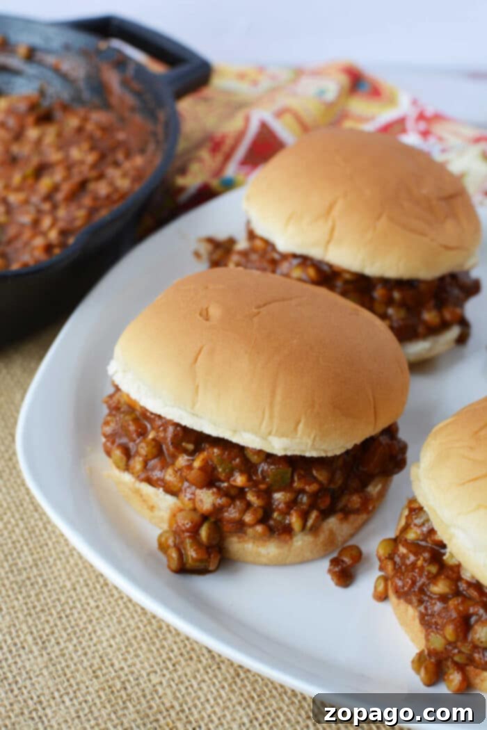 Hearty Lentil Sloppy Joes 5 A beautifully presented plate of Lentil Sloppy Joes on toasted buns, garnished and ready to eat.