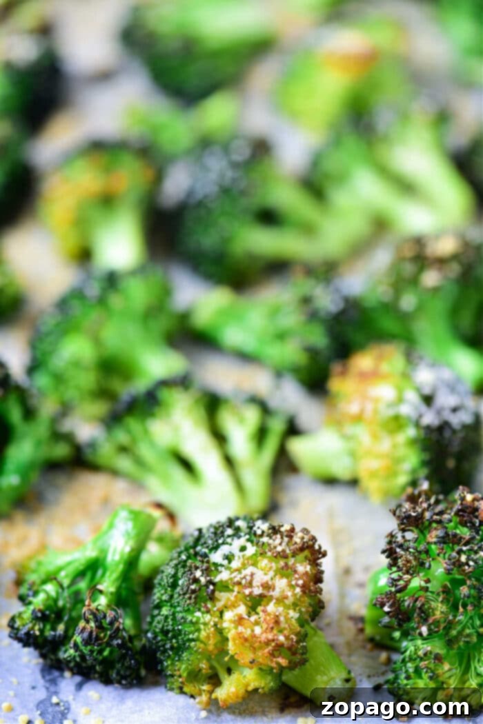 Perfectly Baked Frozen Broccoli 5 Freshly baked frozen broccoli florets with crispy edges and a sprinkle of Parmesan cheese on a baking sheet.