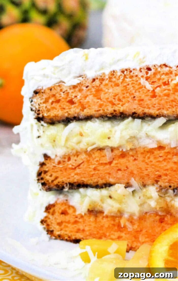 Tropical Paradise Cake 8 A close-up of a slice of layered orange and white Hawaiian cake with frosting, featuring visible layers of orange cake, white frosting, and shredded coconut. There is an orange and some pineapple pieces in the background, making it an ideal Hawaiian dessert.