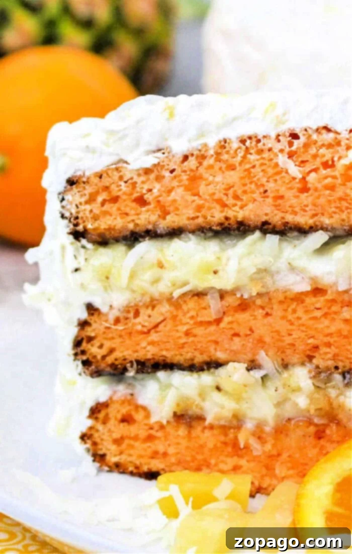 Hawaiian Dream Cake 8 A close-up of a slice of layered orange and white Hawaiian cake with frosting, featuring visible layers of orange cake, white frosting, and shredded coconut. There is an orange and some pineapple pieces in the background.