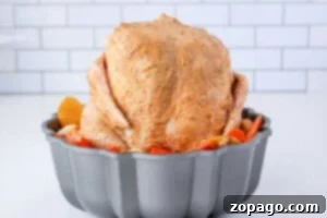 Perfect Chicken Cooking by the Pound 9 A whole seasoned chicken sits upright in a bundt pan, surrounded by perfectly sliced potatoes and carrots.