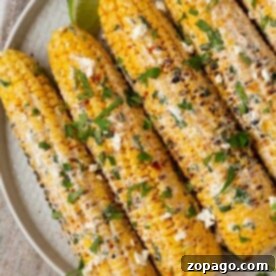 Grilled elote corn on a plate, topped with crumbled cheese, cilantro, and a lime wedge on the side. For a quicker option, consider microwaving your corn first to ensure its perfectly tender before grilling.